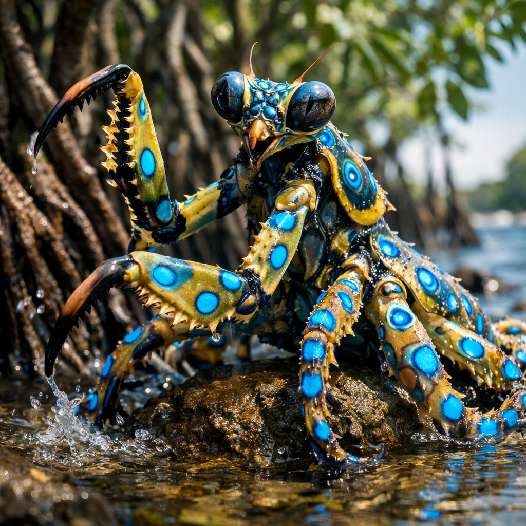 Mantisocopus, an AI-generated hybrid of Mantis and blue ring octopus