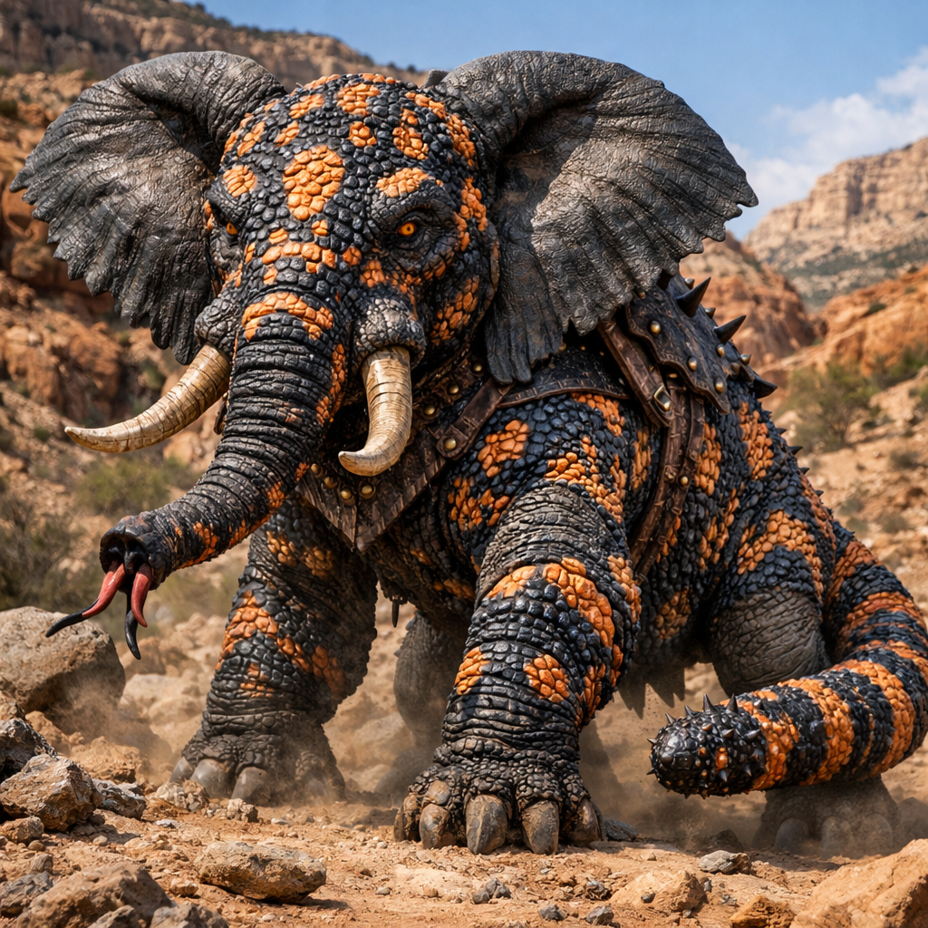 Elephamonster, an AI-generated hybrid of Elephant and Gila monster