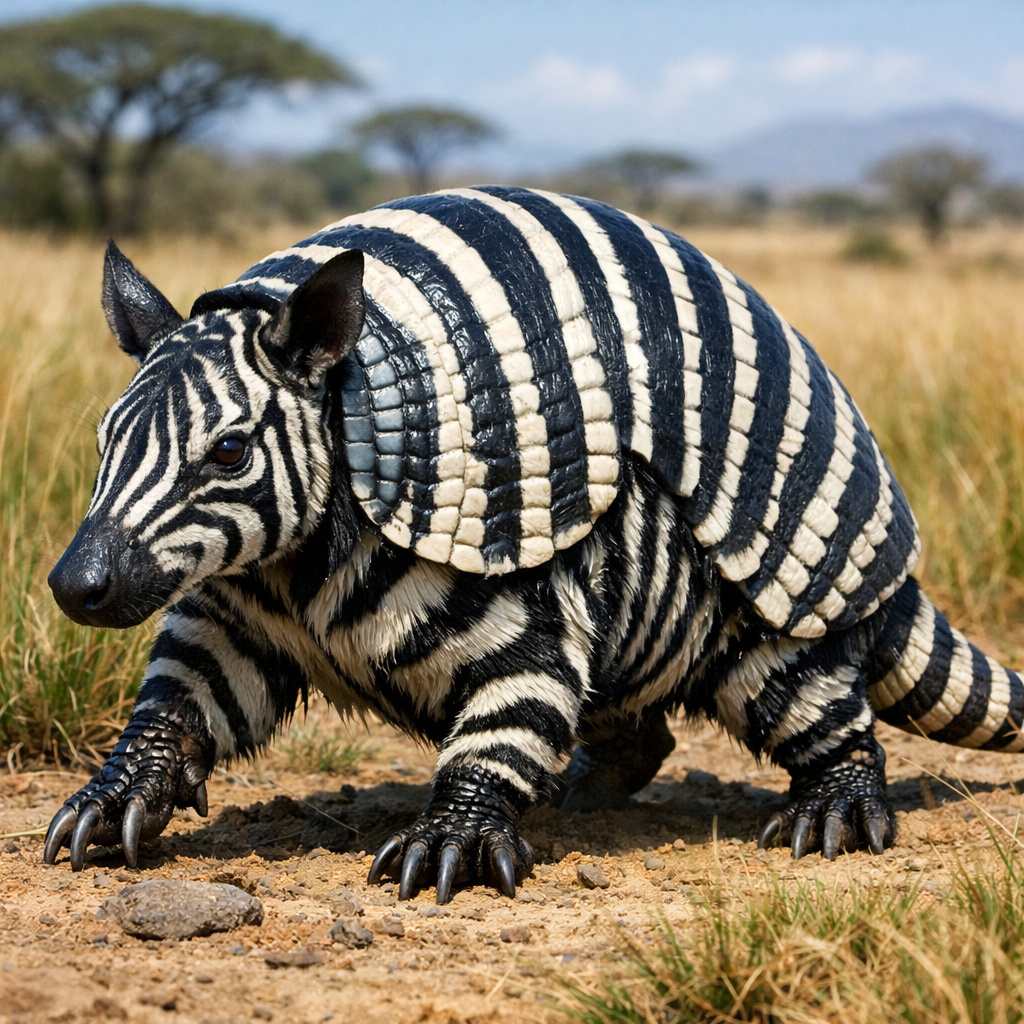 Zebradillo, an AI-generated hybrid of Armadillo and Zebra