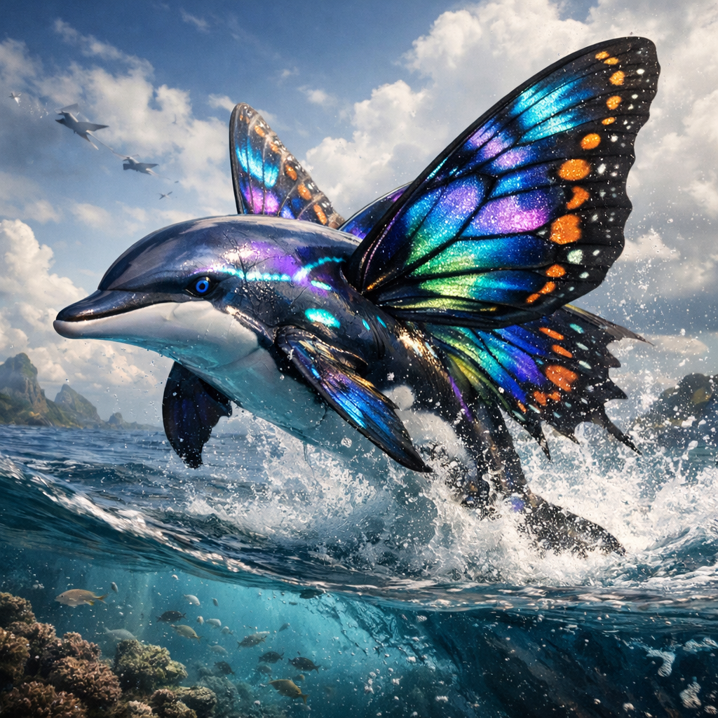 Dolphutterfly, an AI-generated hybrid of Dolphin and Butterfly