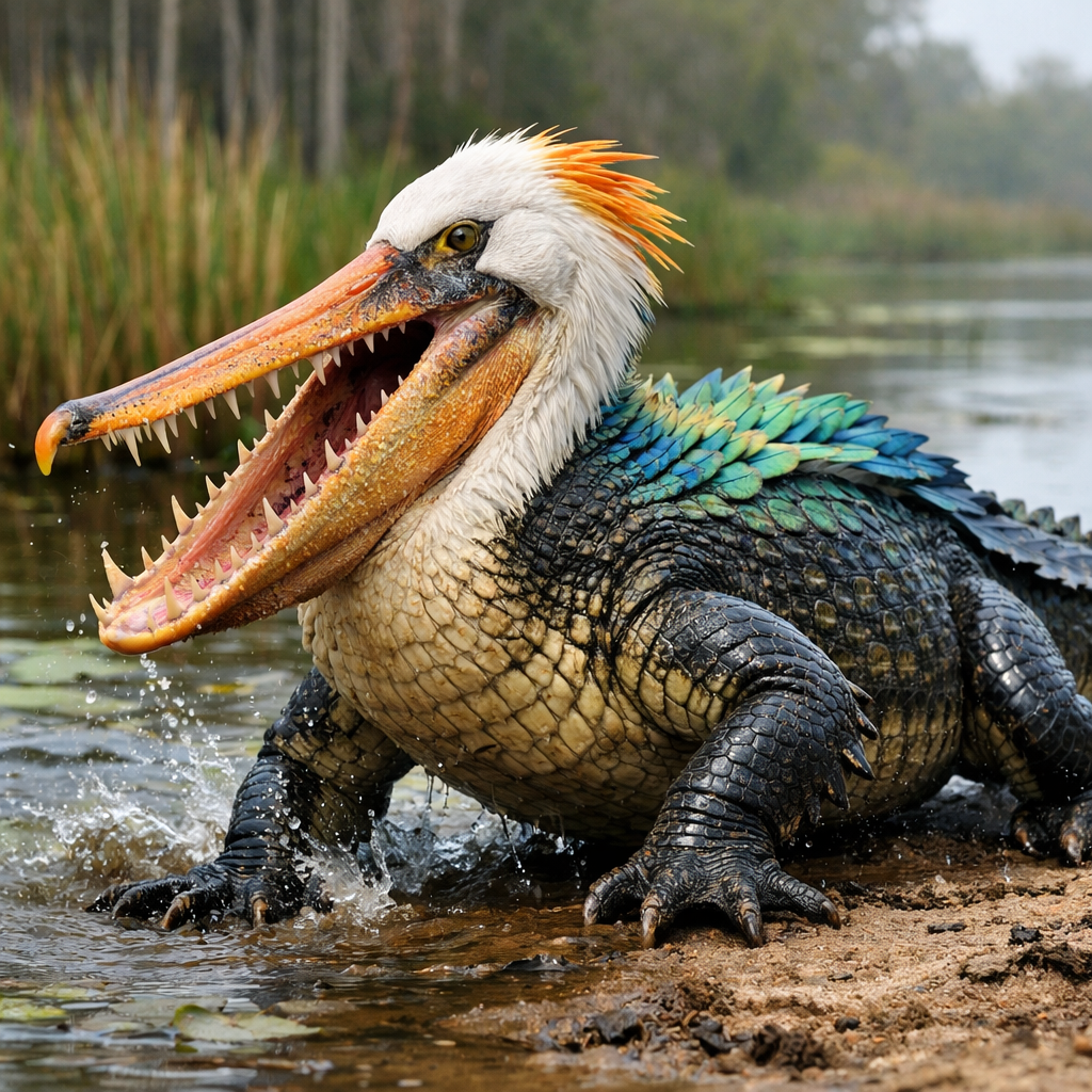 Peligator, an AI-generated hybrid of Alligator and Pelican