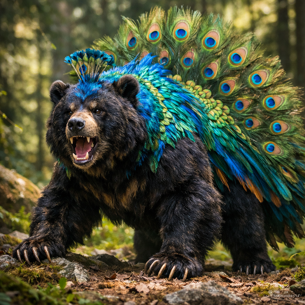 Peacubear, an AI-generated hybrid of Peacock and Bear
