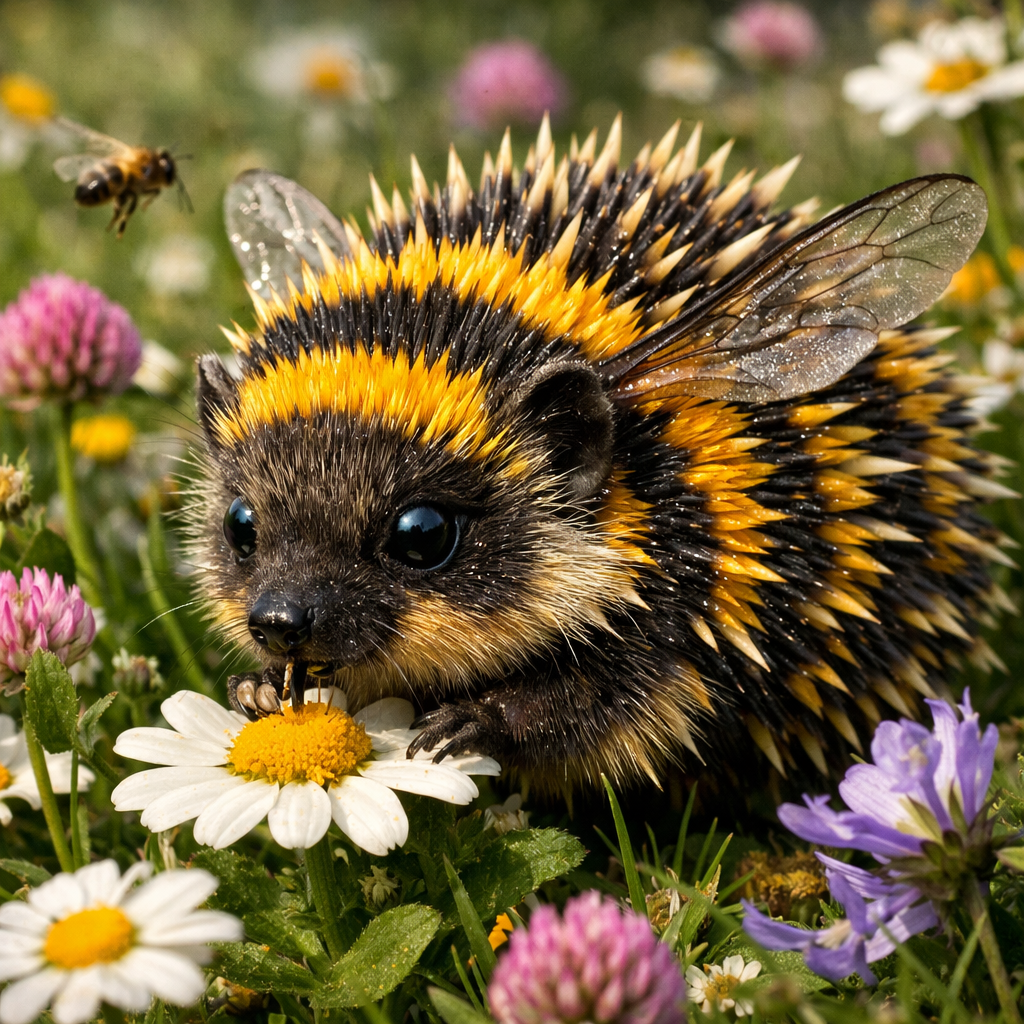 Hedgebuzz, an AI-generated hybrid of Hedgehog and Bumblebee