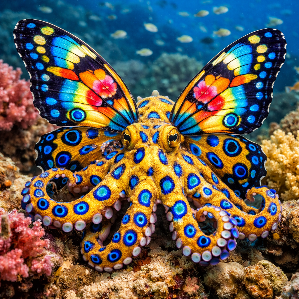 OctoButterfly, an AI-generated hybrid of Butterfly and blue ring octopus