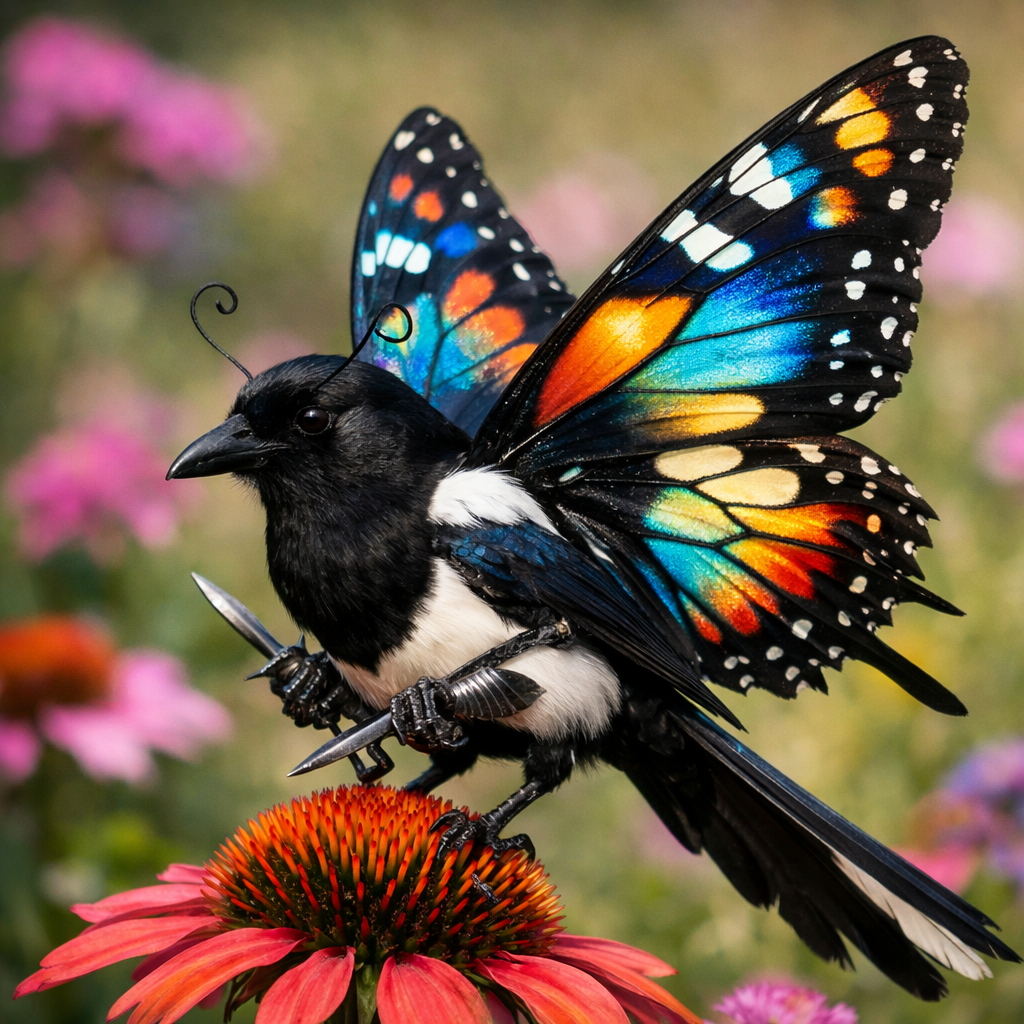 ButterMagpie, an AI-generated hybrid of Butterfly and Magpie