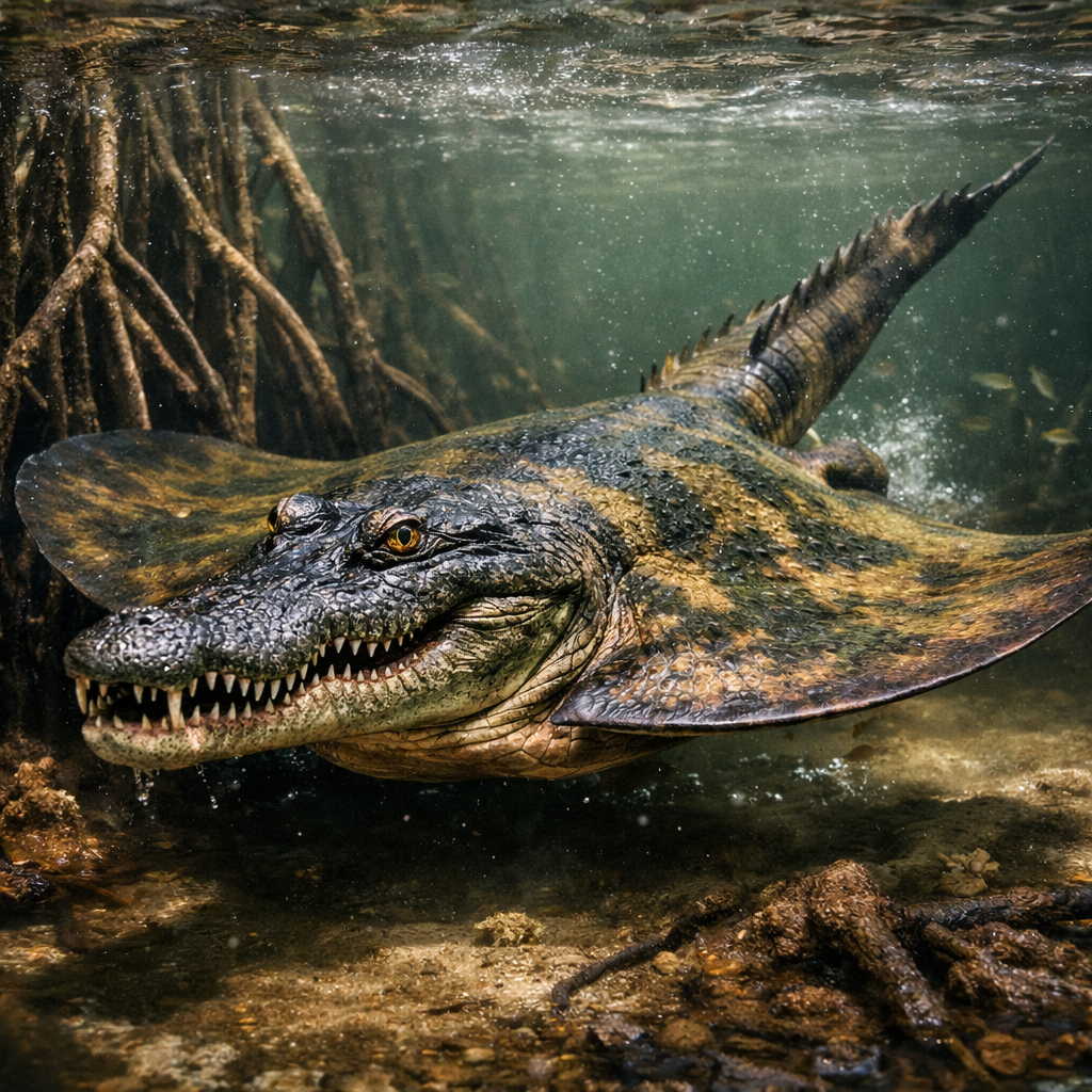 Stingodile, an AI-generated hybrid of Sting Ray and Crocodile