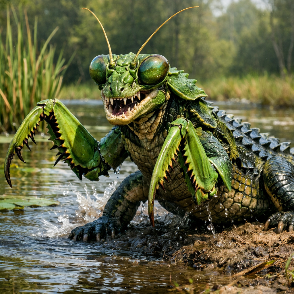 Mantisocroc, an AI-generated hybrid of Mantis and Crocodile