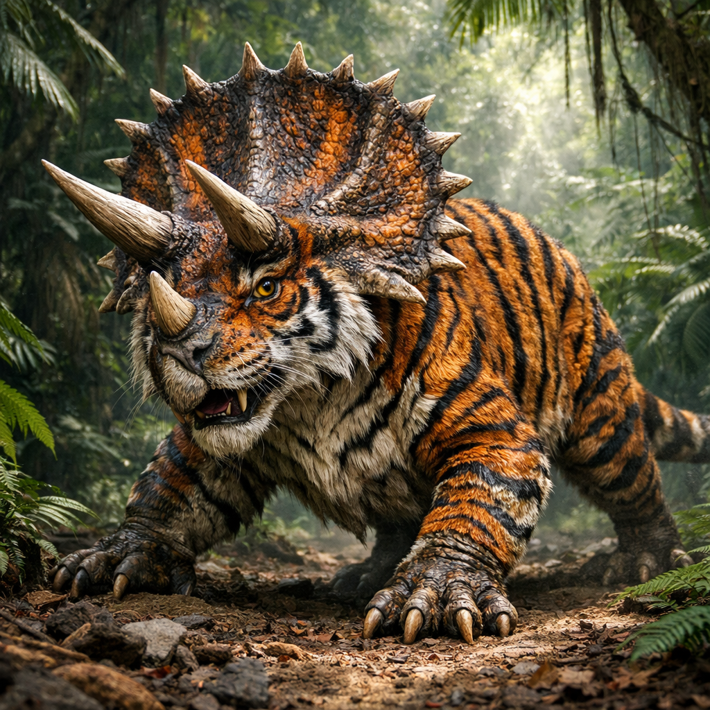 Trigertops, an AI-generated hybrid of Triceratops and Tiger