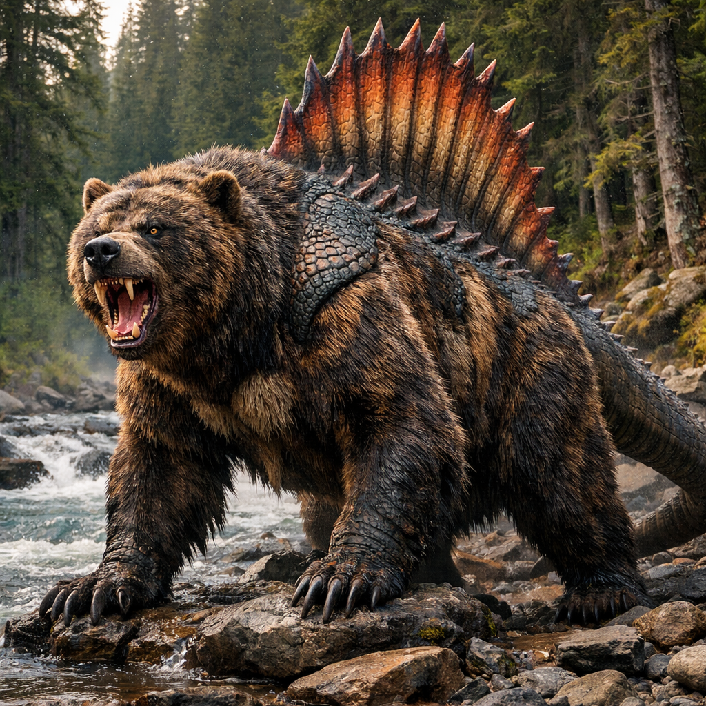 Bearosaurus, an AI-generated hybrid of Bear and Spinosaurus