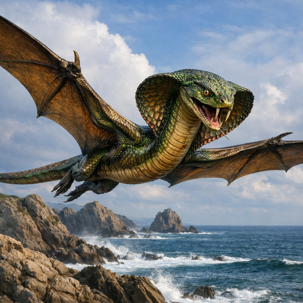Pteracobra, an AI-generated hybrid of Pteranodon and Cobra