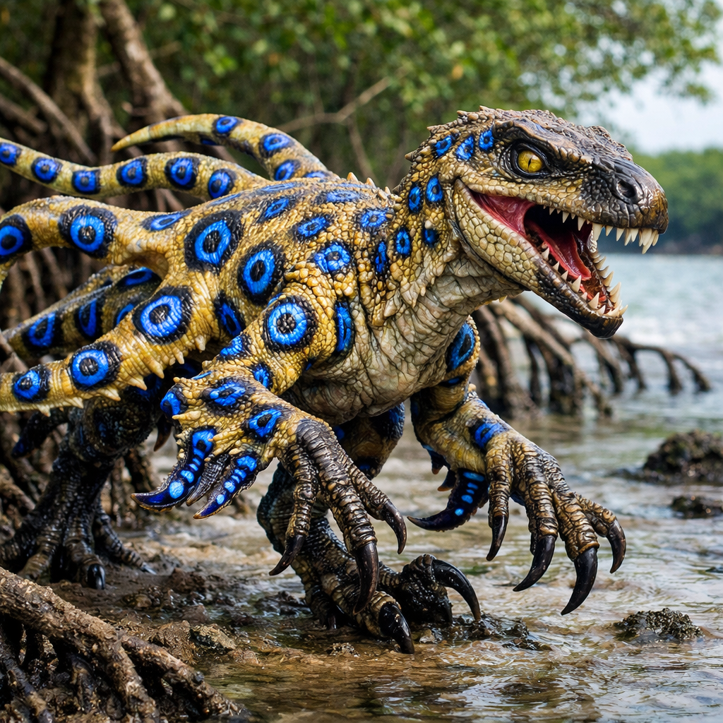 Velociraptorctopus, an AI-generated hybrid of blue ring octopus and Velociraptor