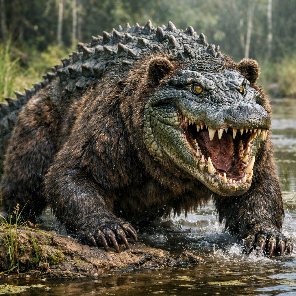 Bearodile, an AI-generated hybrid of Bear and Crocodile