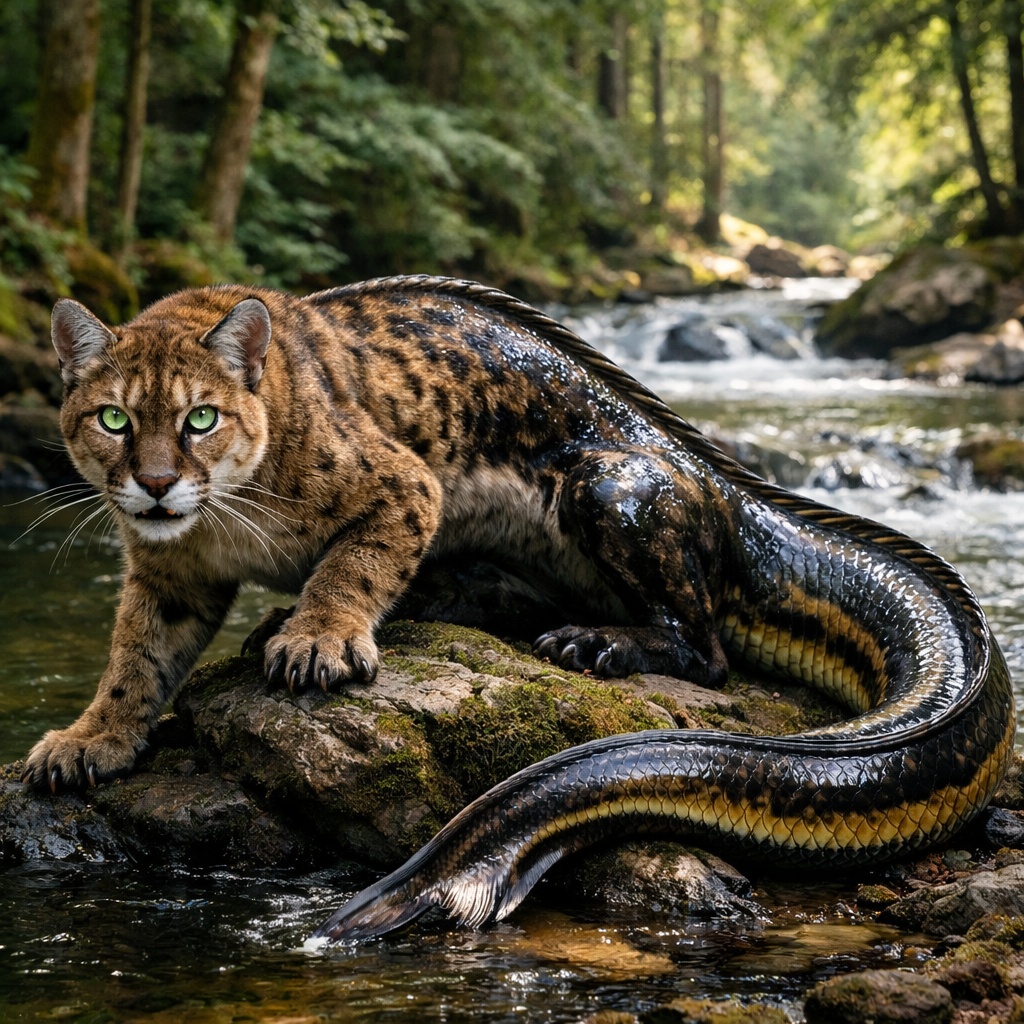Cougel, an AI-generated hybrid of Cougar and Eel