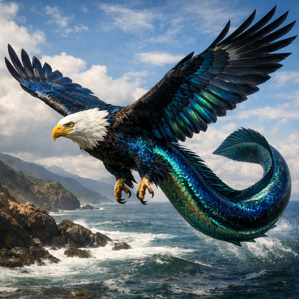 Eagleel, an AI-generated hybrid of Bald Eagle and Eel