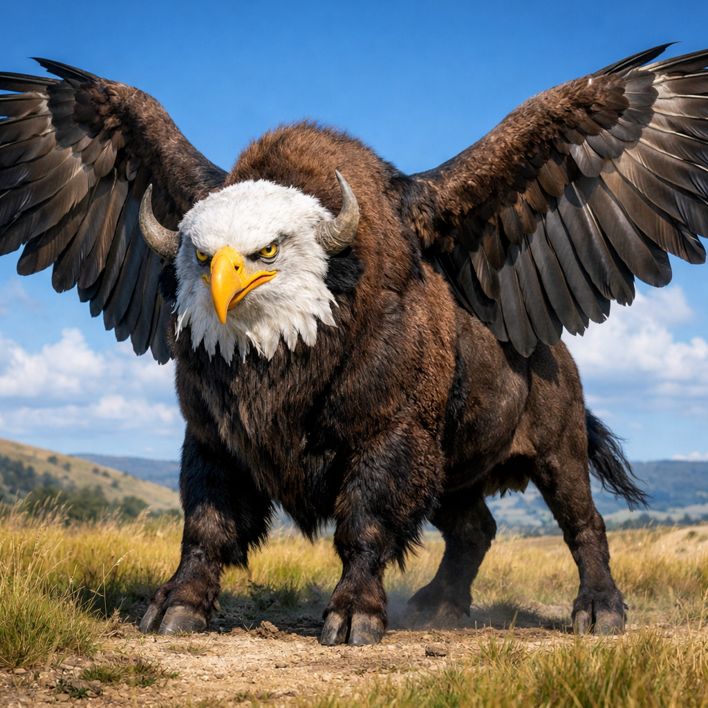 Baldison, an AI-generated hybrid of Bald Eagle and Bison