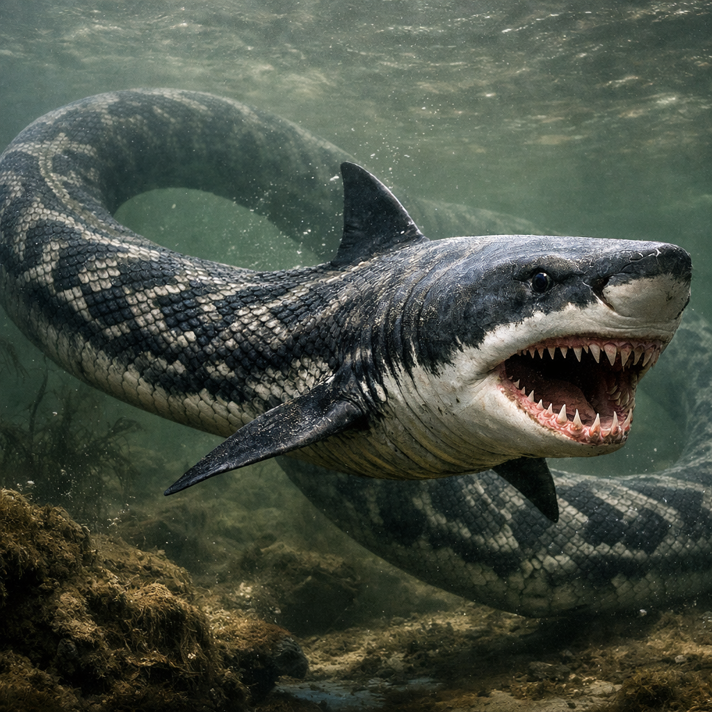 Serpentine Shark, an AI-generated hybrid of Snake and great white shark