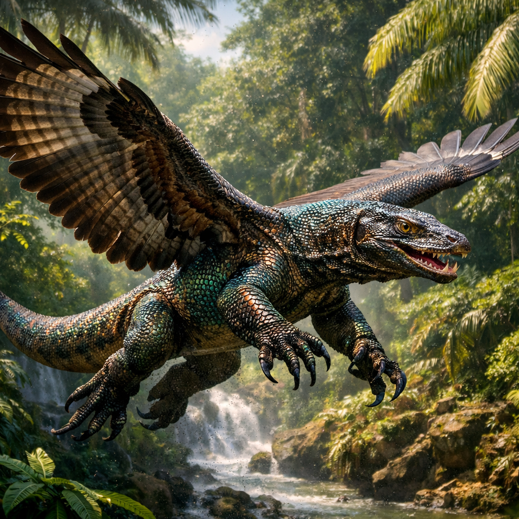 Komofalco, an AI-generated hybrid of Komodo Dragon and falcon