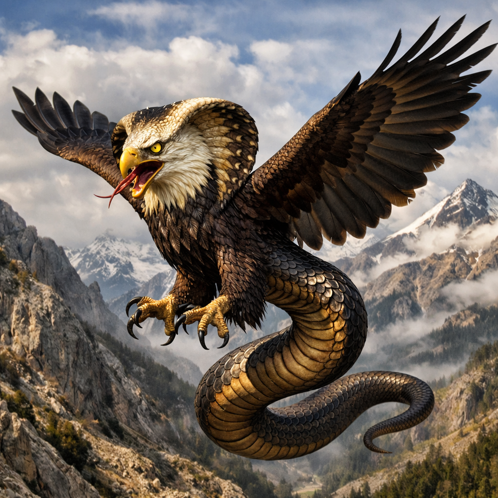 Aquila Naja, an AI-generated hybrid of Bald Eagle and Cobra