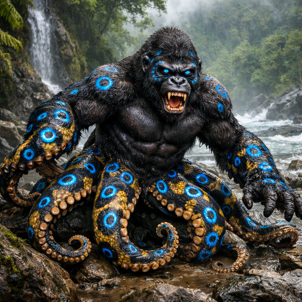 Gorilloctopus, an AI-generated hybrid of Gorilla and blue ring octopus