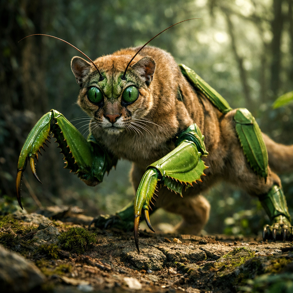 Cougantid, an AI-generated hybrid of Cougar and Mantis