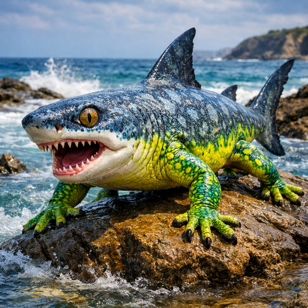 Gekoshark, an AI-generated hybrid of Gecko and great white shark