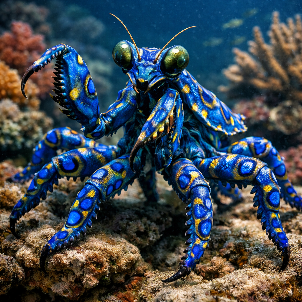 Octomantis, an AI-generated hybrid of blue ring octopus and Mantis