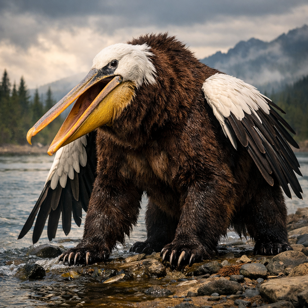Pelicanbear, an AI-generated hybrid of Bear and Pelican
