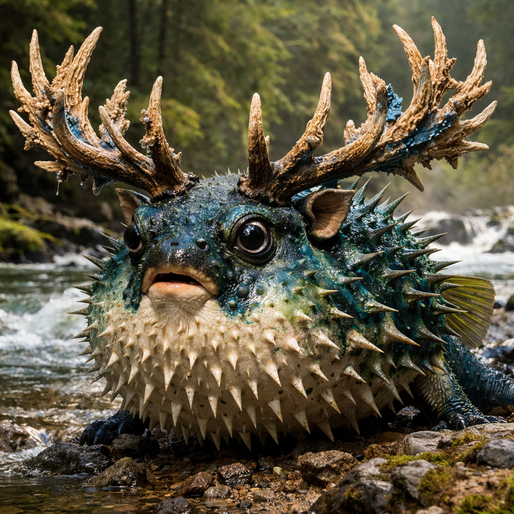 Puffelk, an AI-generated hybrid of Puffer Fish and Elk