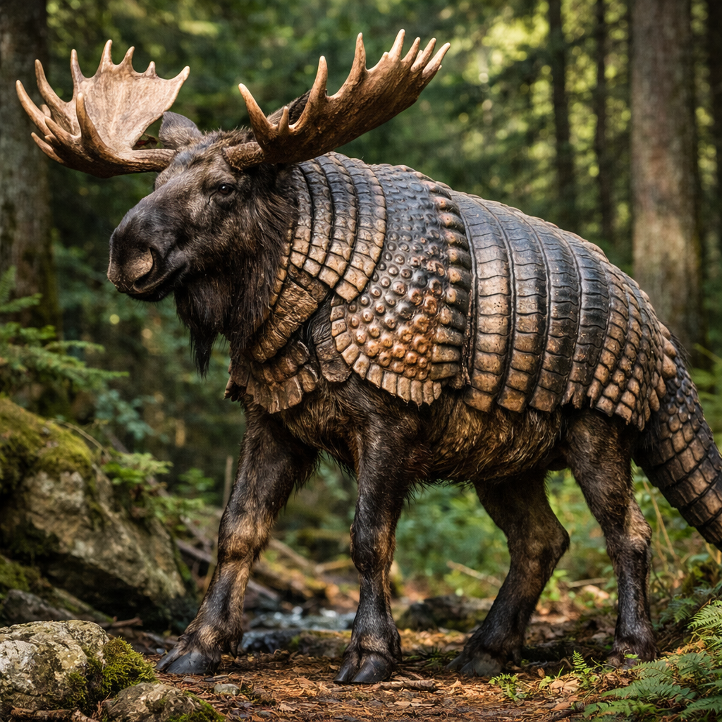Moosadillo, an AI-generated hybrid of the Moose and the Armadillo