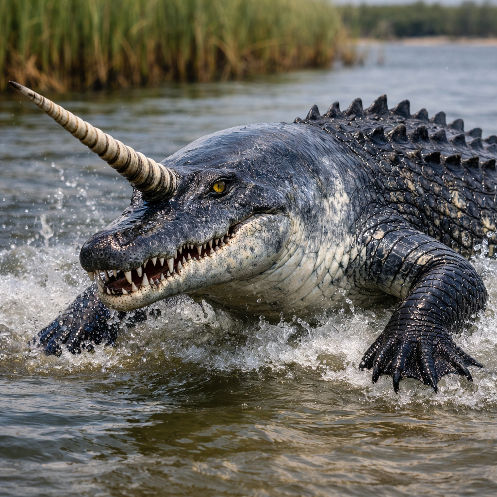 Narwaligator, an AI-generated hybrid of the Narwhal and the Alligator