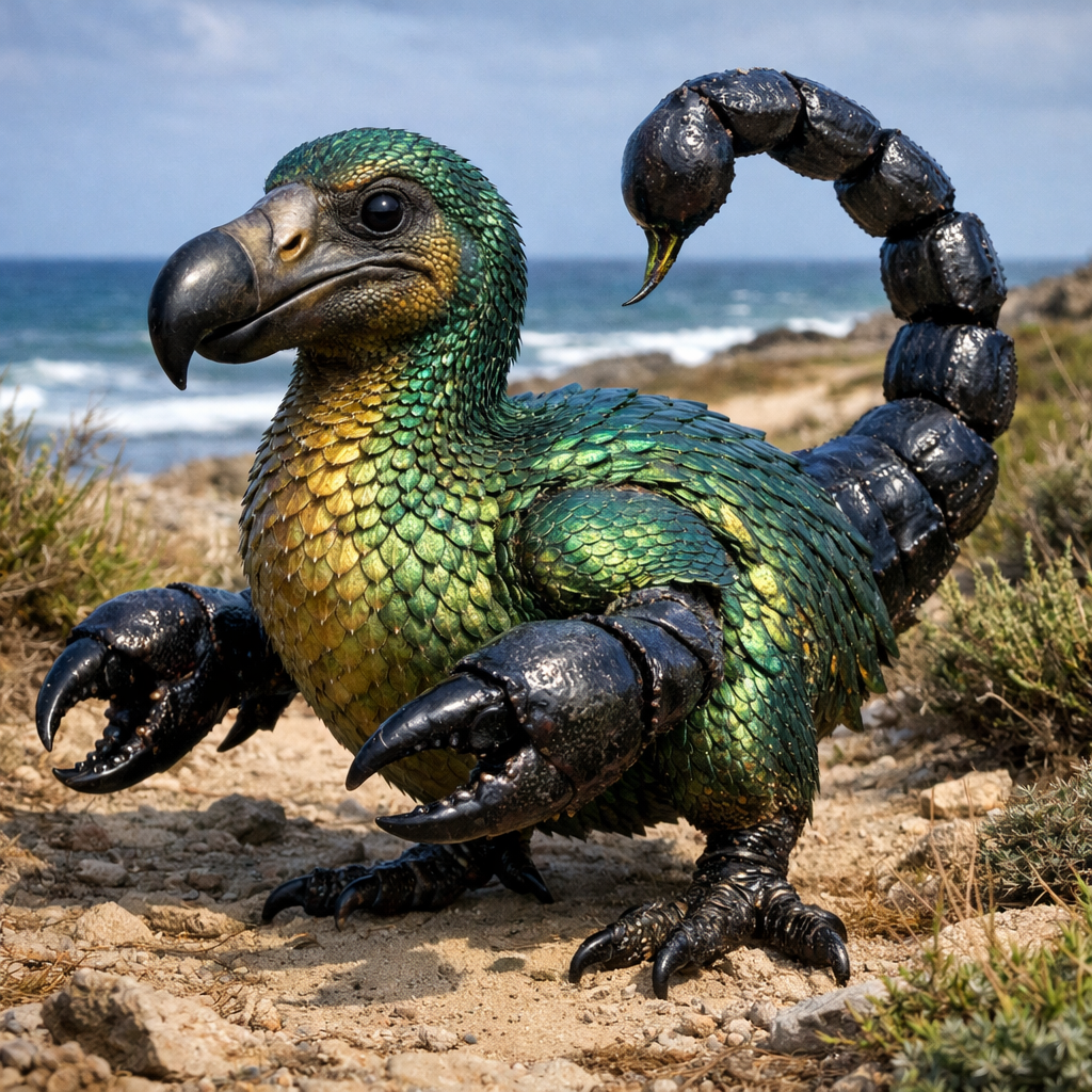 Scorodo, an AI-generated hybrid of the Dodo and the Scorpion