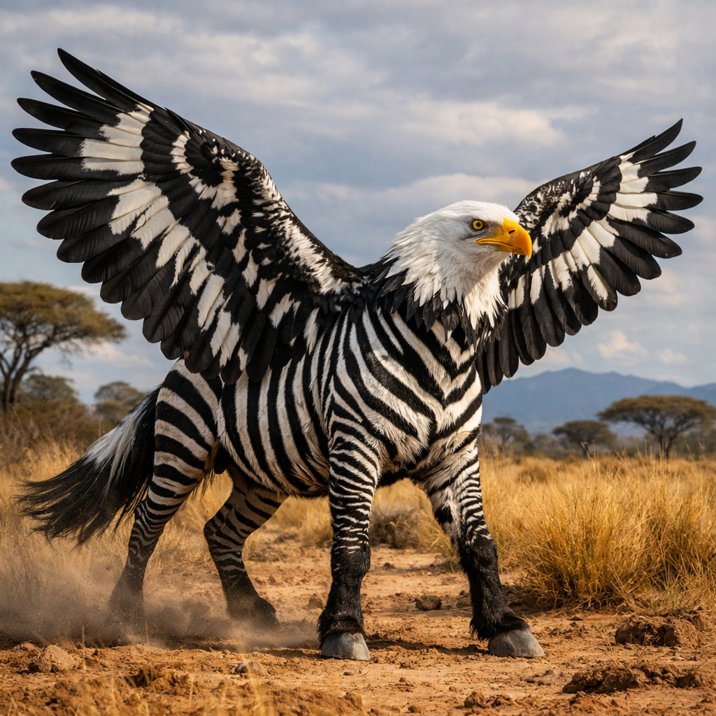 Zebreagle, an AI-generated hybrid of the Zebra and the Bald Eagle