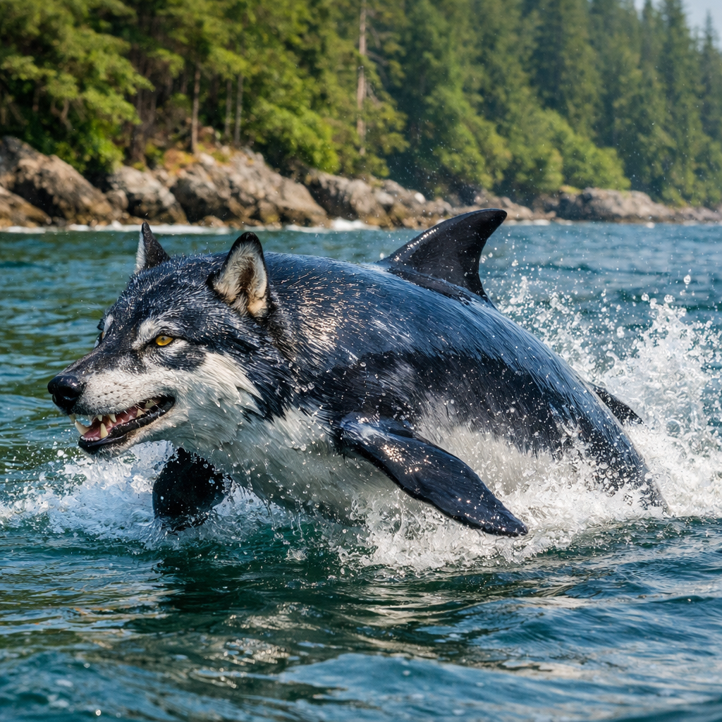 Wolphin, an AI-generated hybrid of the Wolf and the Dolphin