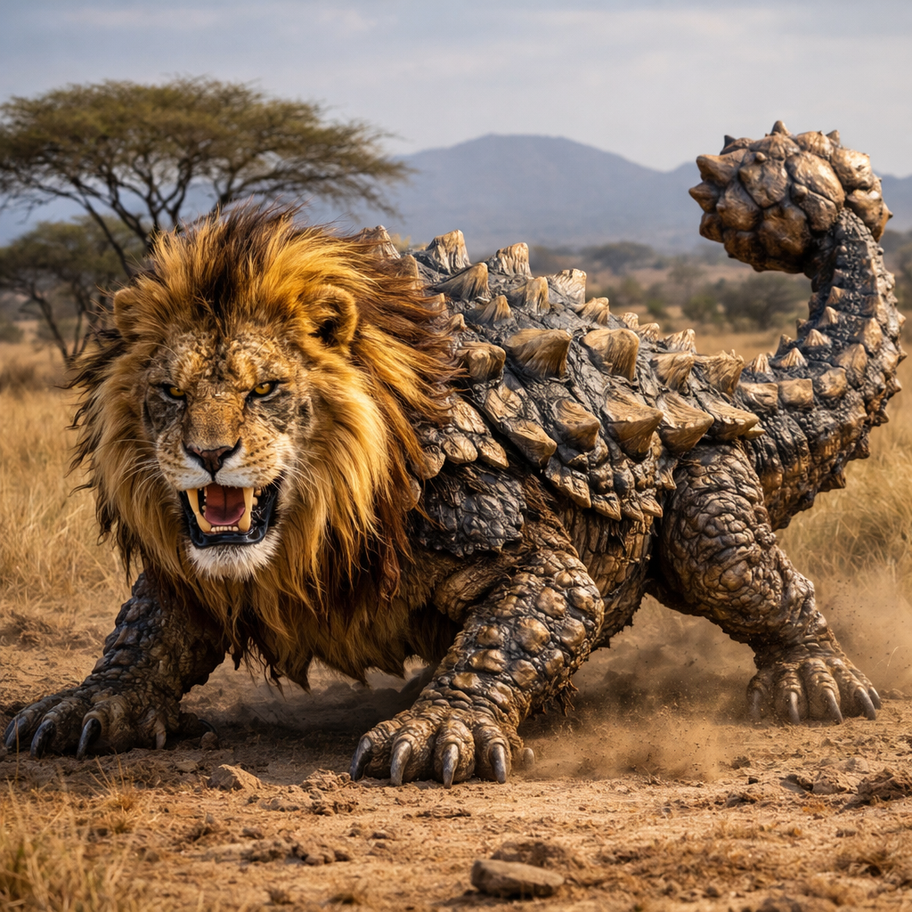 Lionyklosaurus, an AI-generated hybrid of the Lion and the Ankylosaurus