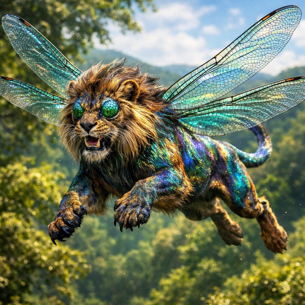 Drageon, an AI-generated hybrid of the Dragonfly and the Lion