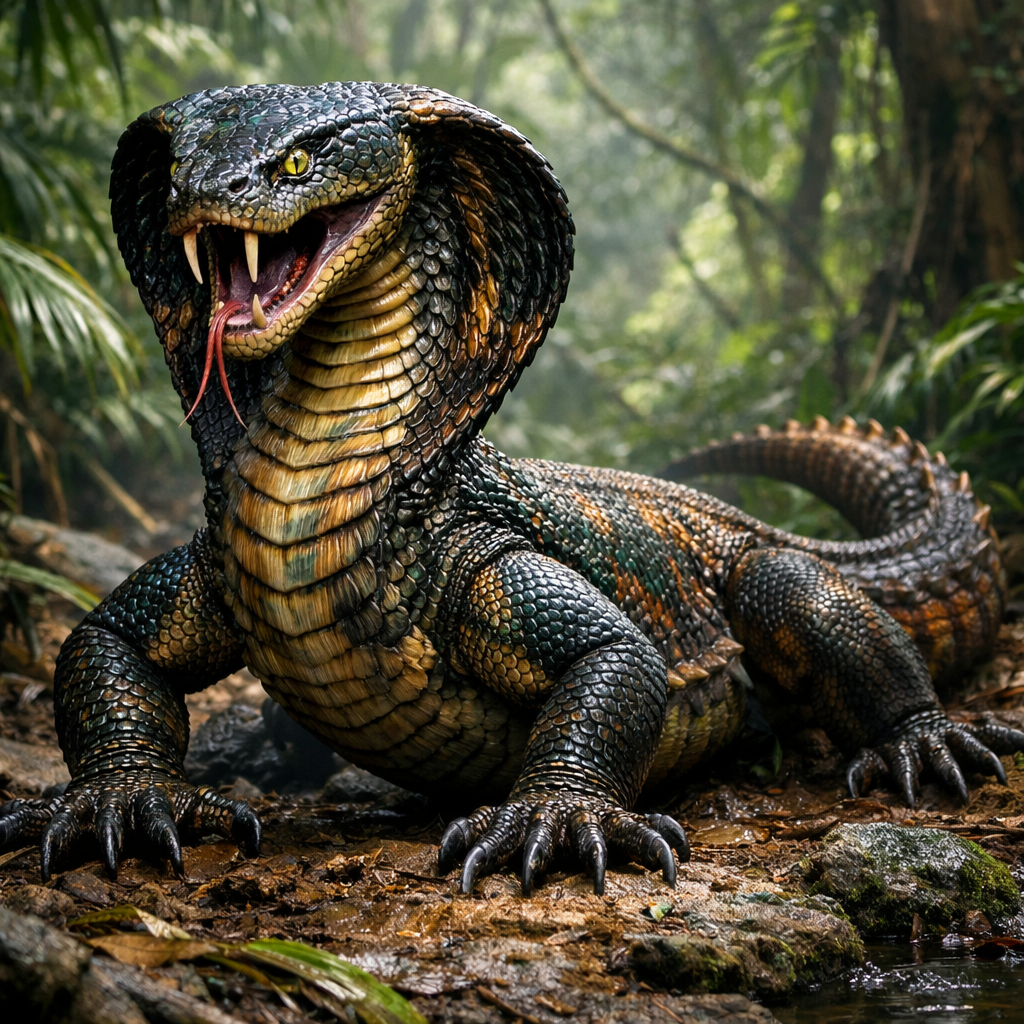 CobraDragon, an AI-generated hybrid of the Cobra and the Komodo Dragon