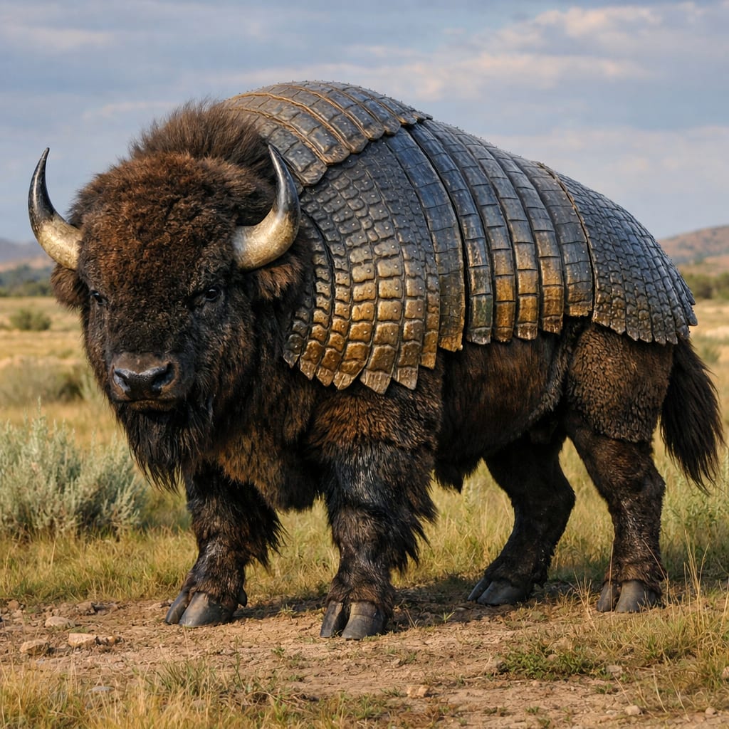 Armadillo Bison, an AI-generated hybrid of the Armadillo and the Bison