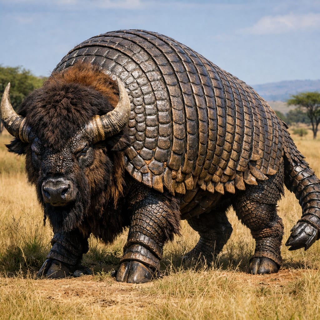 ArmaBison, an AI-generated hybrid of the Armadillo and the Bison