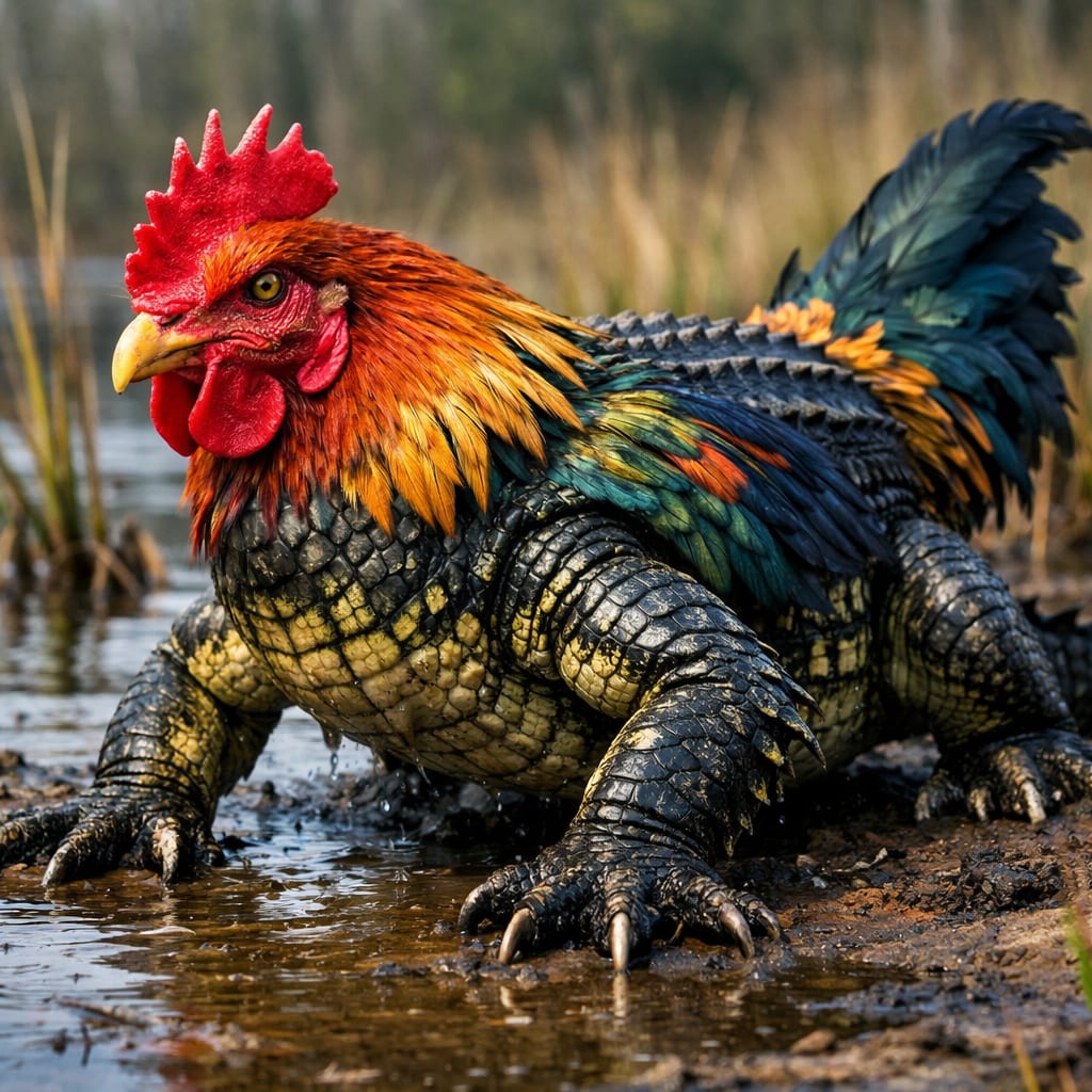 Alli-Chick, an AI-generated hybrid of Alligator and Chicken