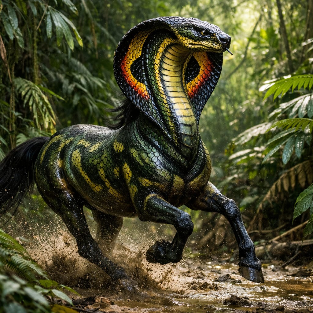Cobraequus, an AI-generated hybrid of the horse and the Cobra