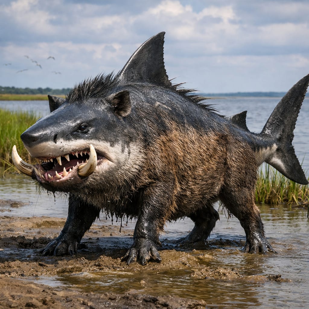 Sharkhog, an AI-generated hybrid of the Warthog and the Shark