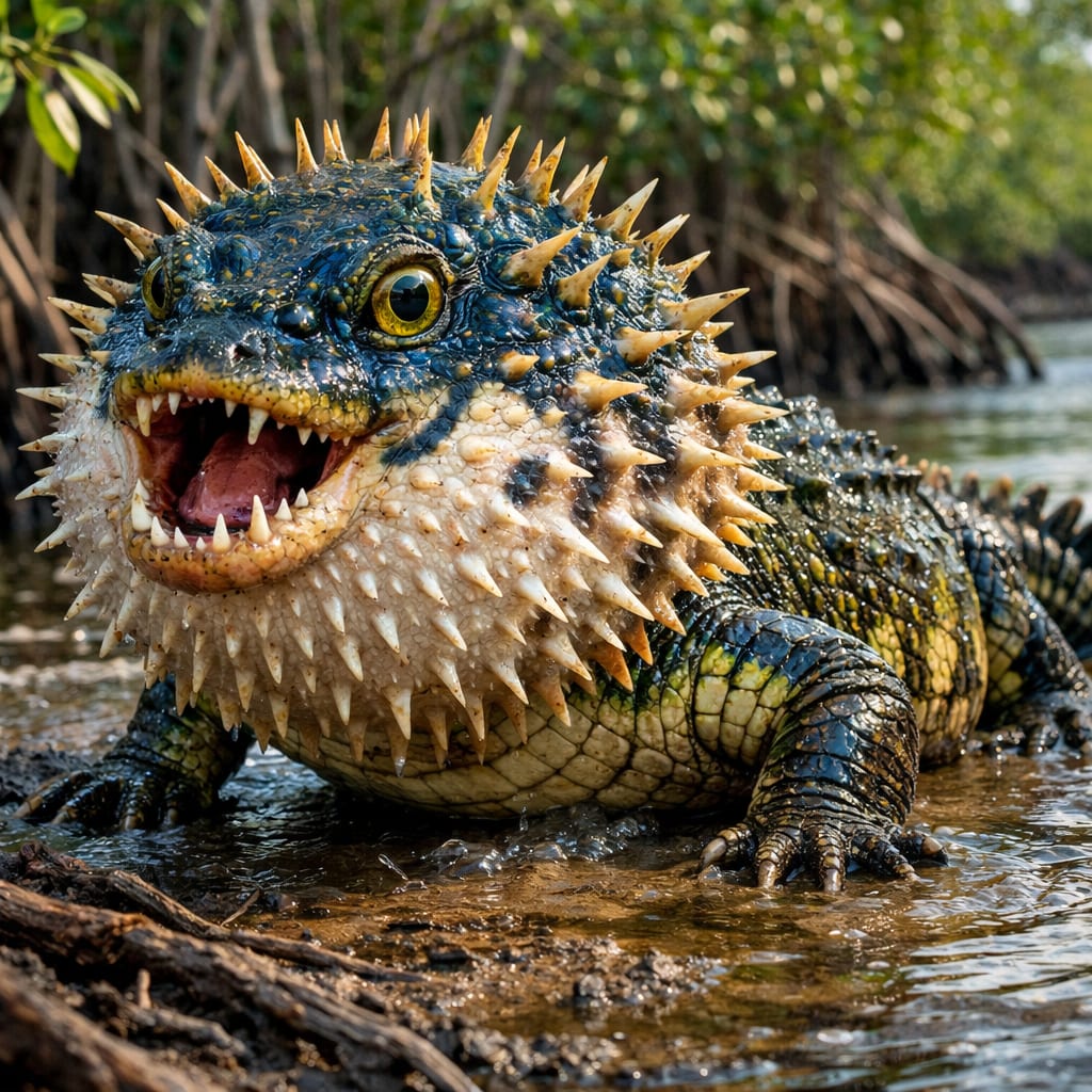 Puffrocodile, an AI-generated hybrid of the Puffer Fish and the Crocodile