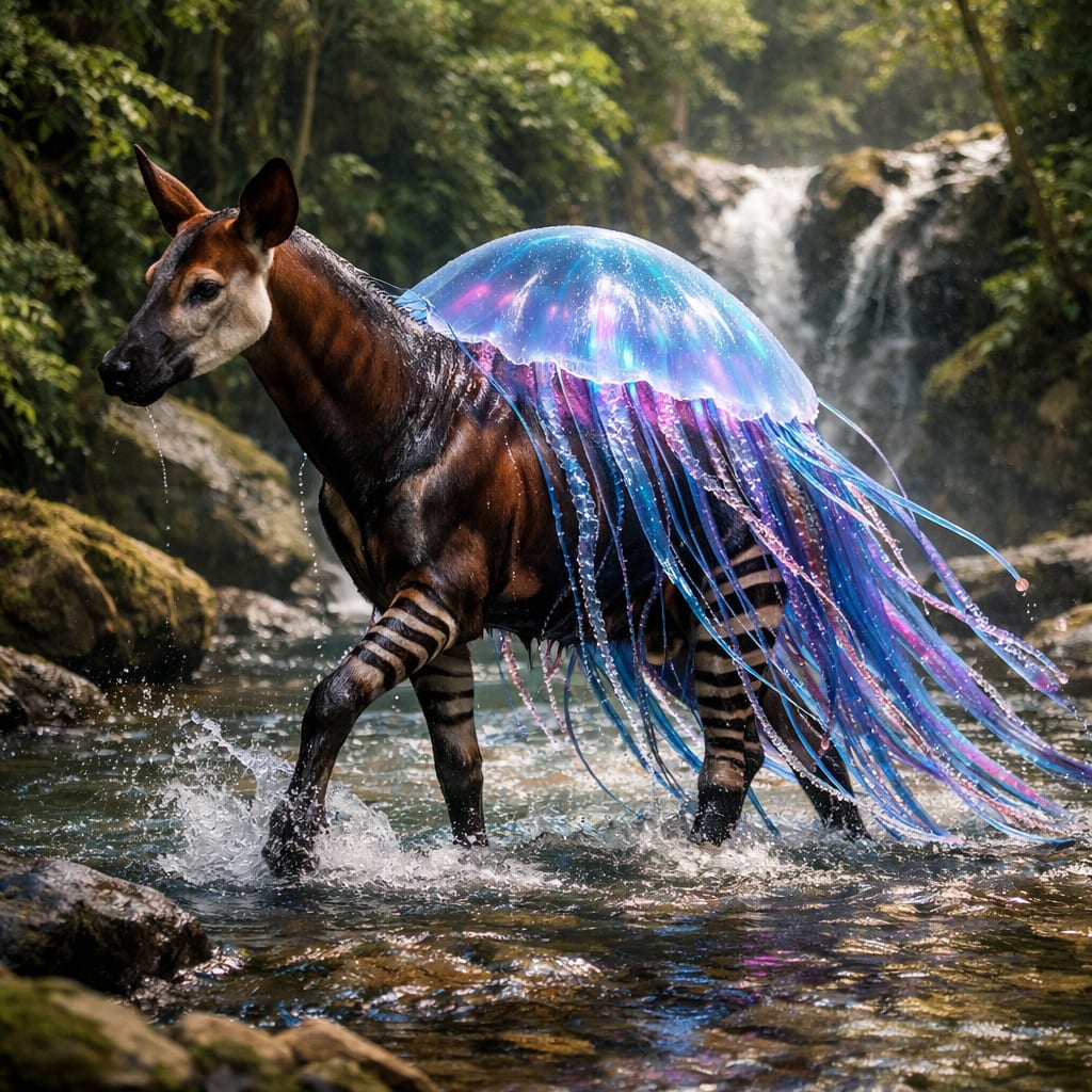 Okajelly, an AI-generated hybrid of the Okapi and the Jellyfish