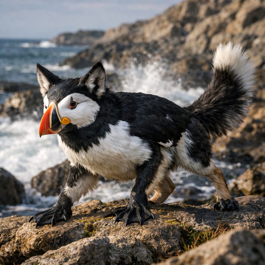 Puffoyote, an AI-generated hybrid of the Puffin and the Coyote