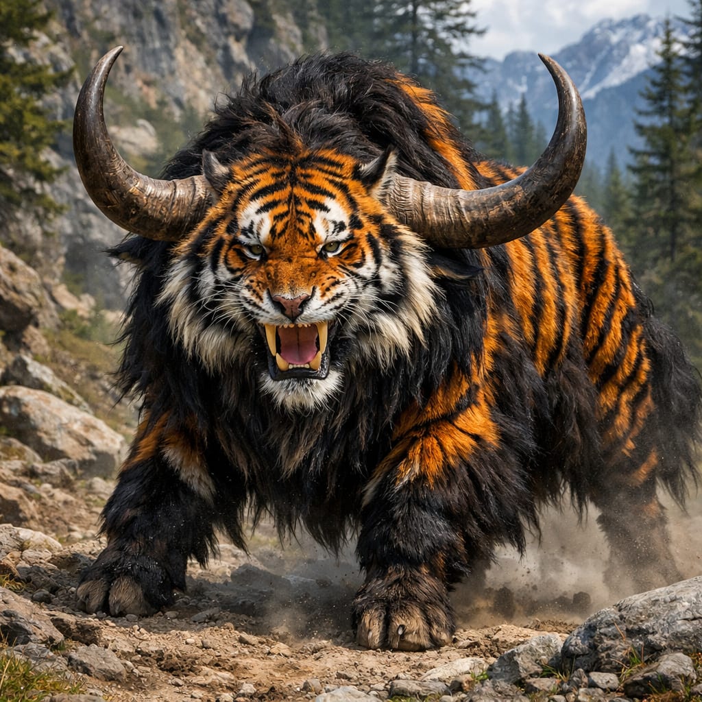 TigYak, an AI-generated hybrid of the Tiger and the Yak