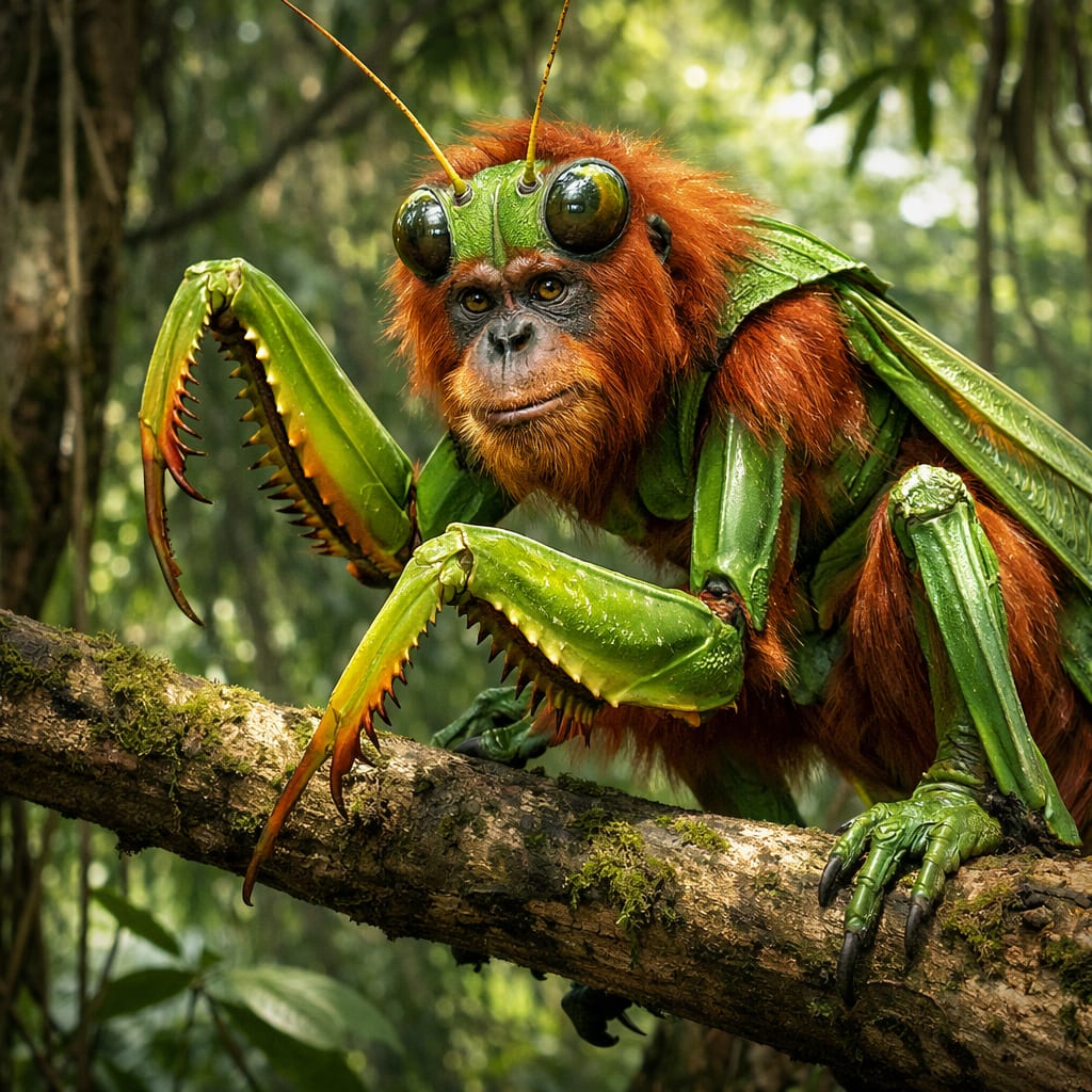 Mantisutan, an AI-generated hybrid of the Mantis and the Orangutan