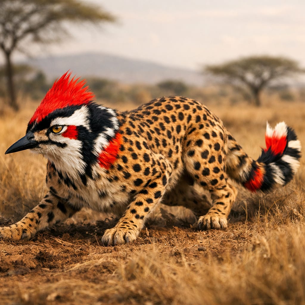 Cheetahpecker, an AI-generated hybrid of the Woodpecker and the Cheetah