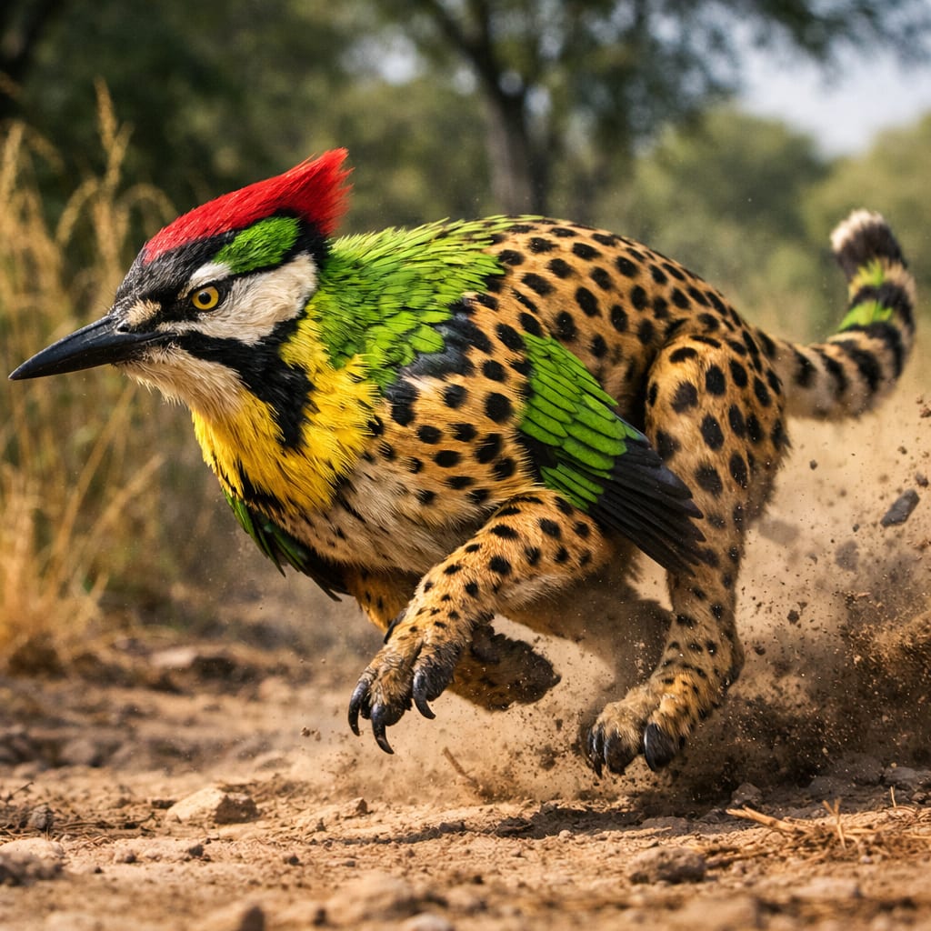 Cheetahpecker, an AI-generated hybrid of the Woodpecker and the Cheetah
