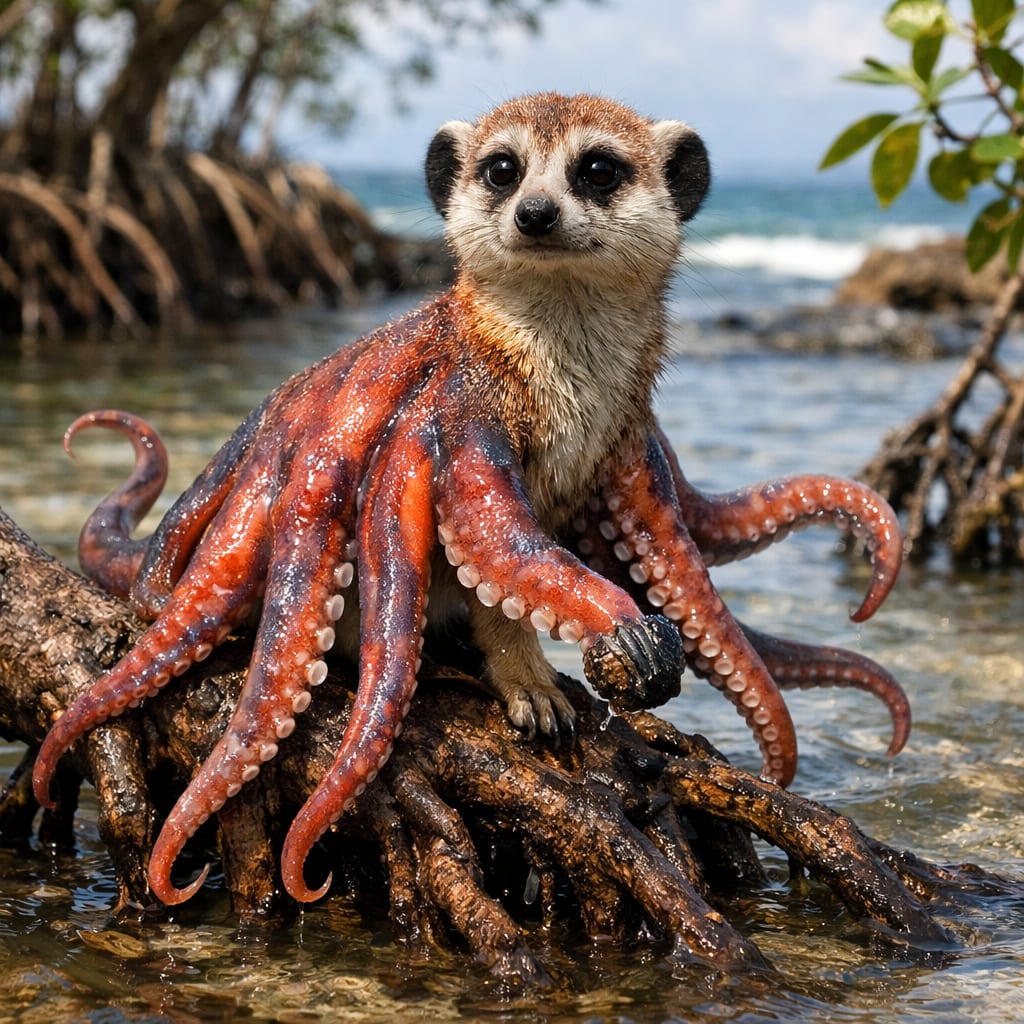 Squidkat, an AI-generated hybrid of the Squid and the Meerkat