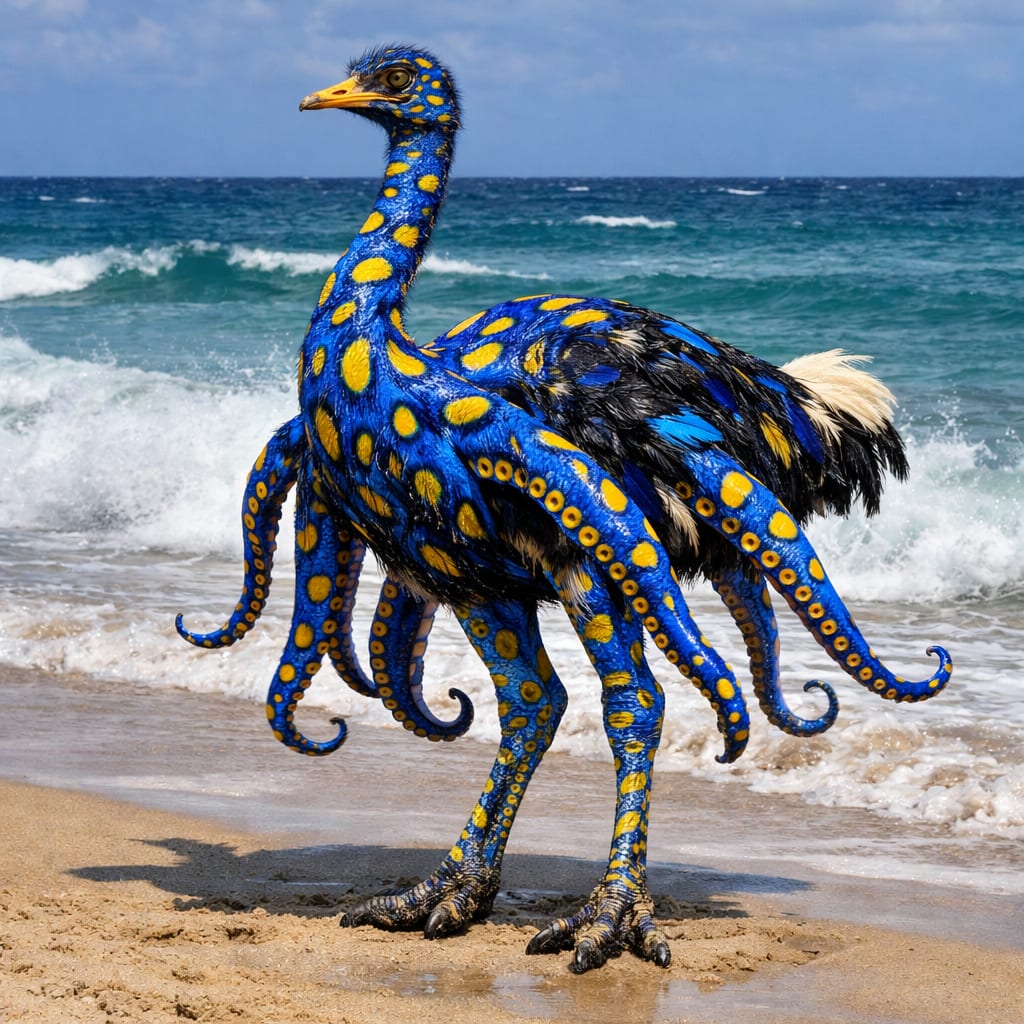 Octrich, an AI-generated hybrid of the Ostrich and the blue ring octopus